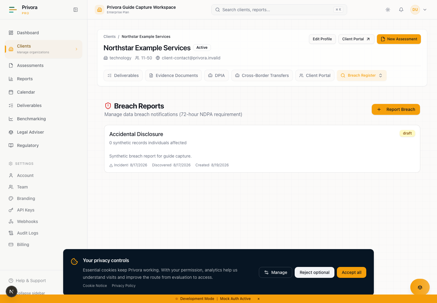 Privora Pro Console breach list view for the synthetic guide capture.