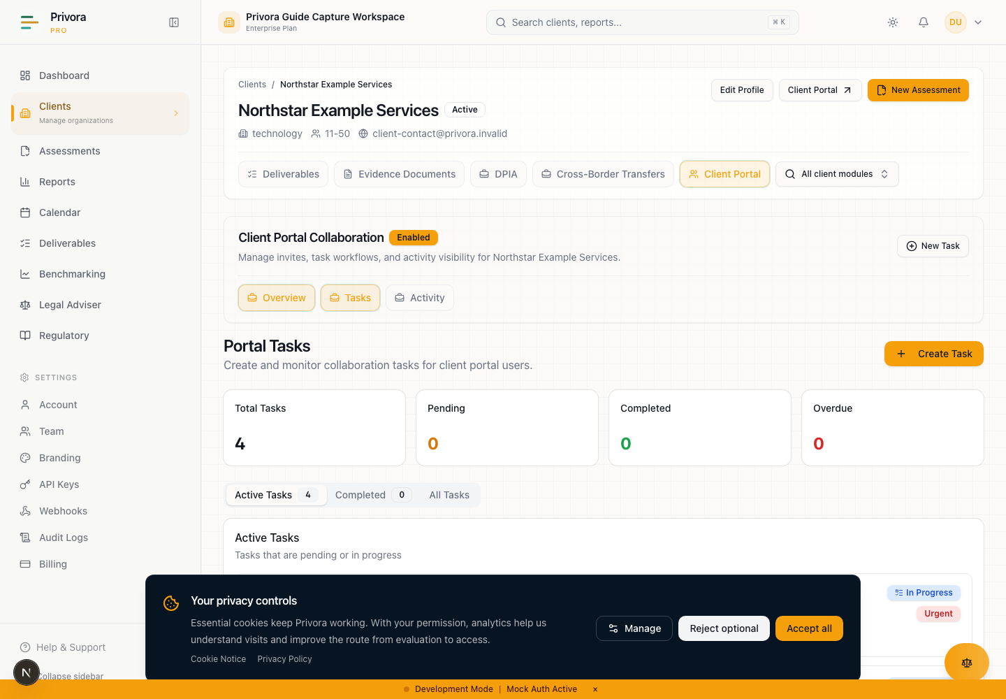 Privora Pro Console evidence tasks view for the synthetic guide capture.
