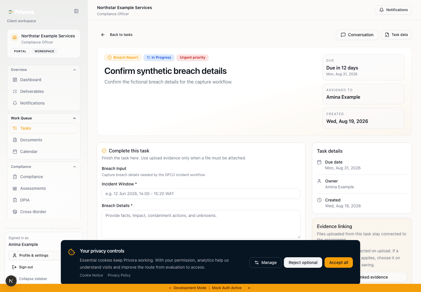 Privora Pro Portal breach task view for the synthetic guide capture.