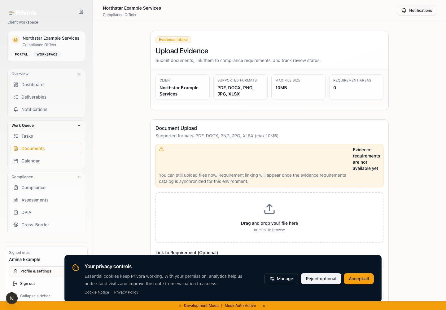 Privora Pro Portal document upload view for the synthetic guide capture.