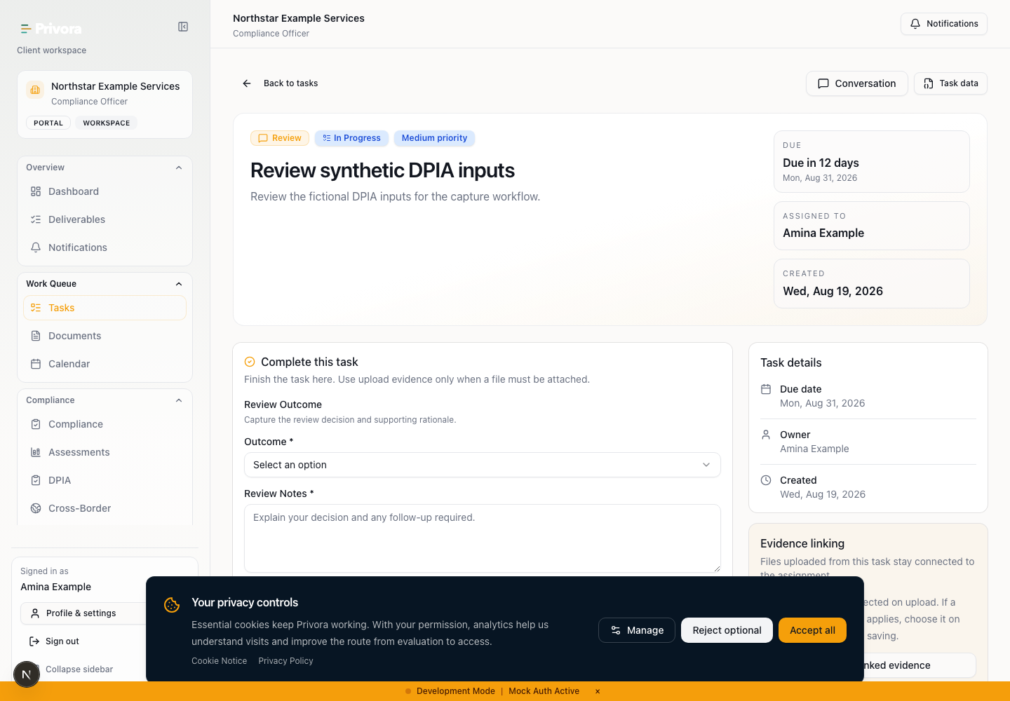 Privora Pro Portal dpia task view for the synthetic guide capture.