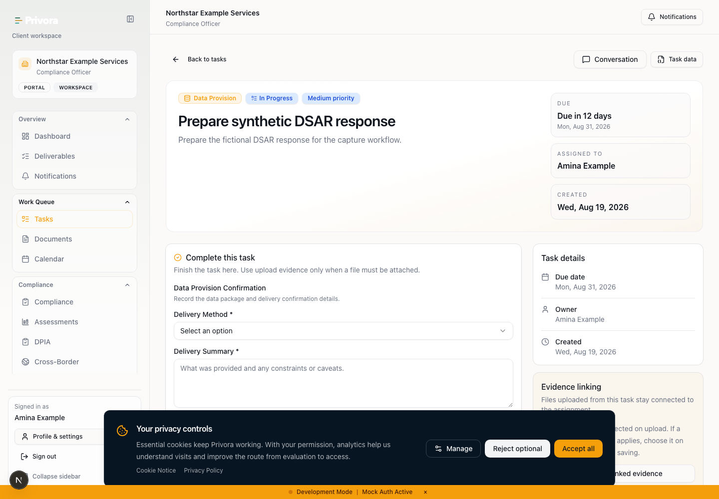 Privora Pro Portal dsar task view for the synthetic guide capture.