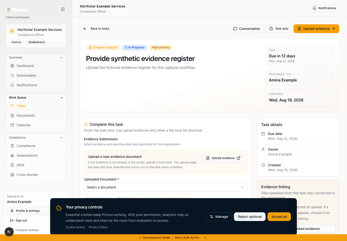 Privora Pro Portal evidence task view for the synthetic guide capture.